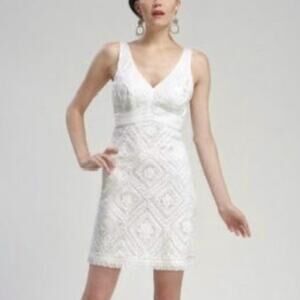 Sue Wong Ribbon Lace Ivory White Mini V Neck Dress Women’s Size 12 Bridal Formal